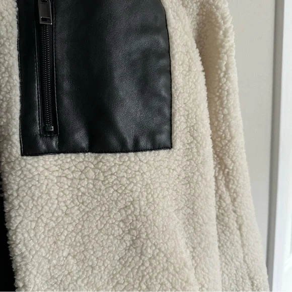 NVLT Anthropologie cream sherpa fleece longline jacket w/ faux leather accent - Picture 7 of 12